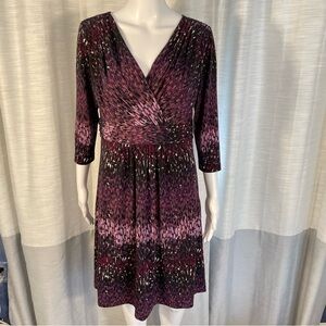Tahari Arthur S Levine Purple Pink Pattern V Neck Ruched Stretch Dress Sz 8